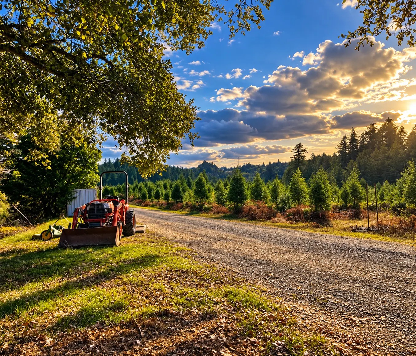 A tractor with a front loader parked on the ranch lane beside rows of young Christmas trees under a wide mountain sky