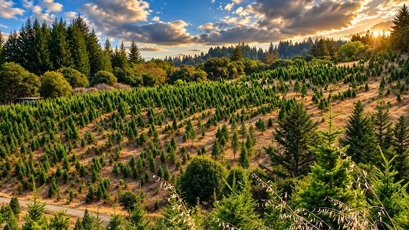 Rows of young evergreens on a golden hillside at sunset, backed by tall mountain forest